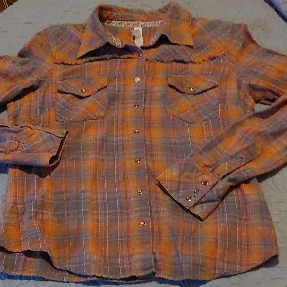 Warehouse One Orange and Blue/Gray Plaid Shirt